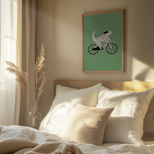 Perro moteado andando en bicicleta · cuadro de decoración