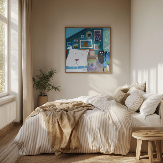 Lindo perro blanco con gato negro en un interior de diseño · cuadro de decoración