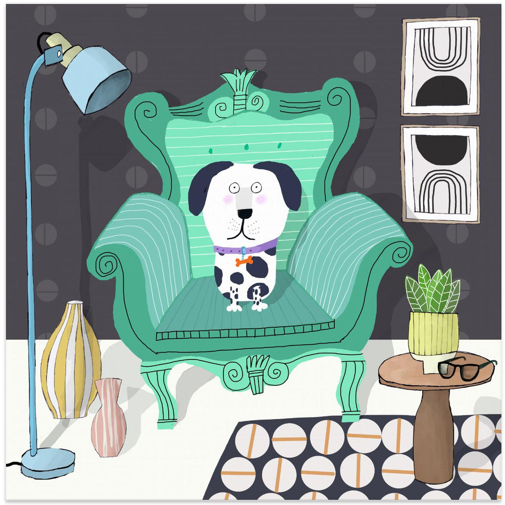 Perro divertido sentado en un interior moderno  ·  cuadro de decoración