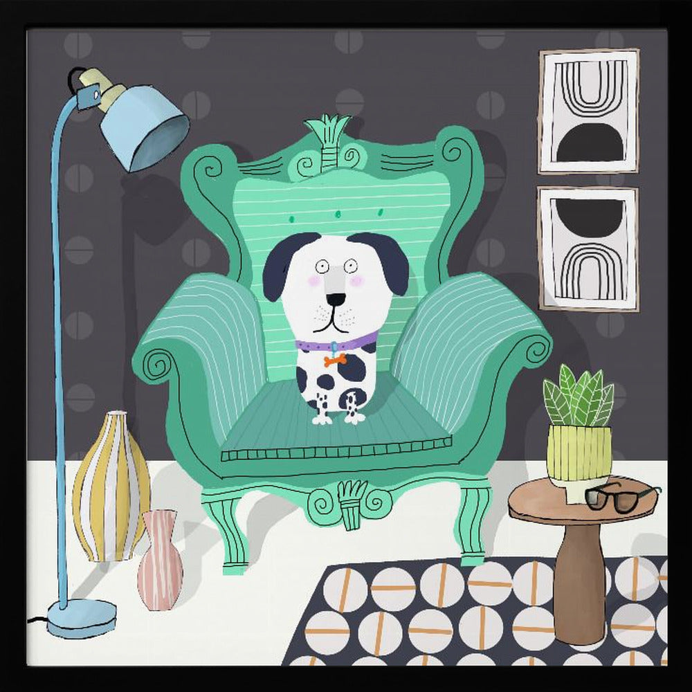 Perro divertido sentado en un interior moderno  ·  cuadro de decoración