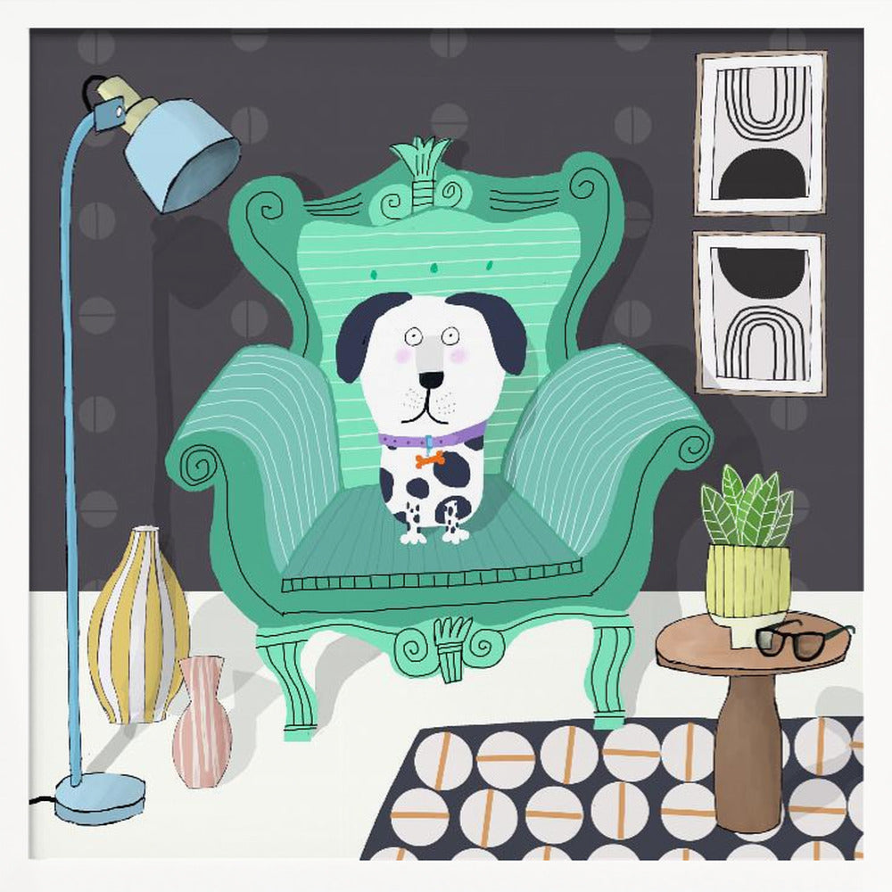 Perro divertido sentado en un interior moderno  ·  cuadro de decoración