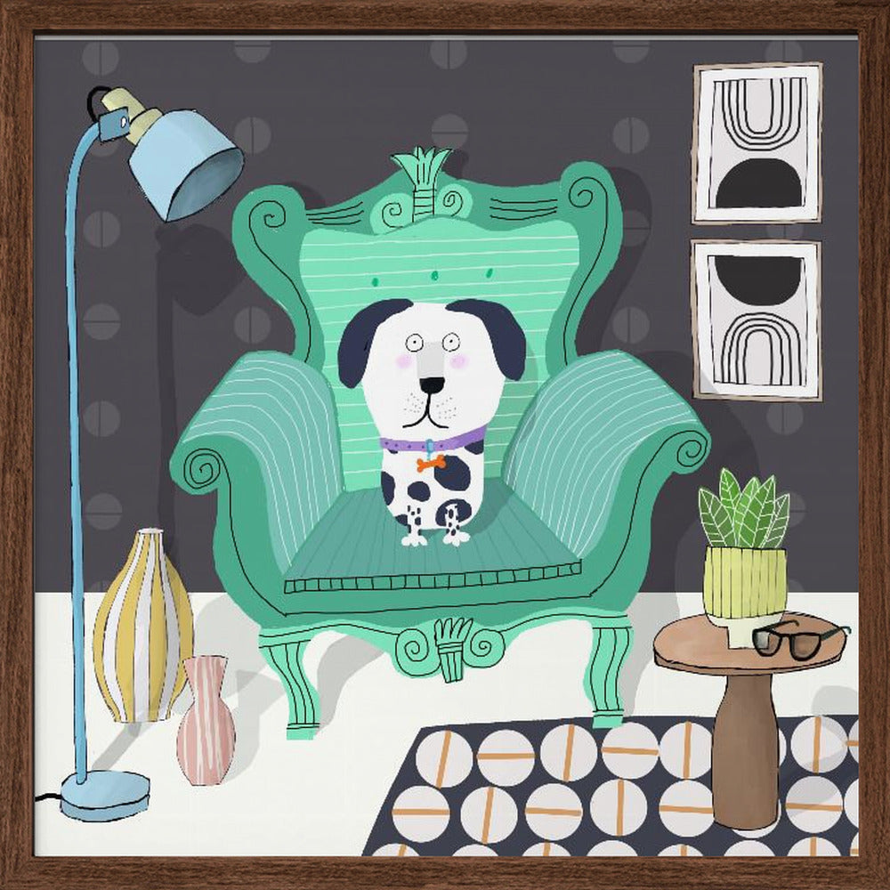 Perro divertido sentado en un interior moderno  ·  cuadro de decoración