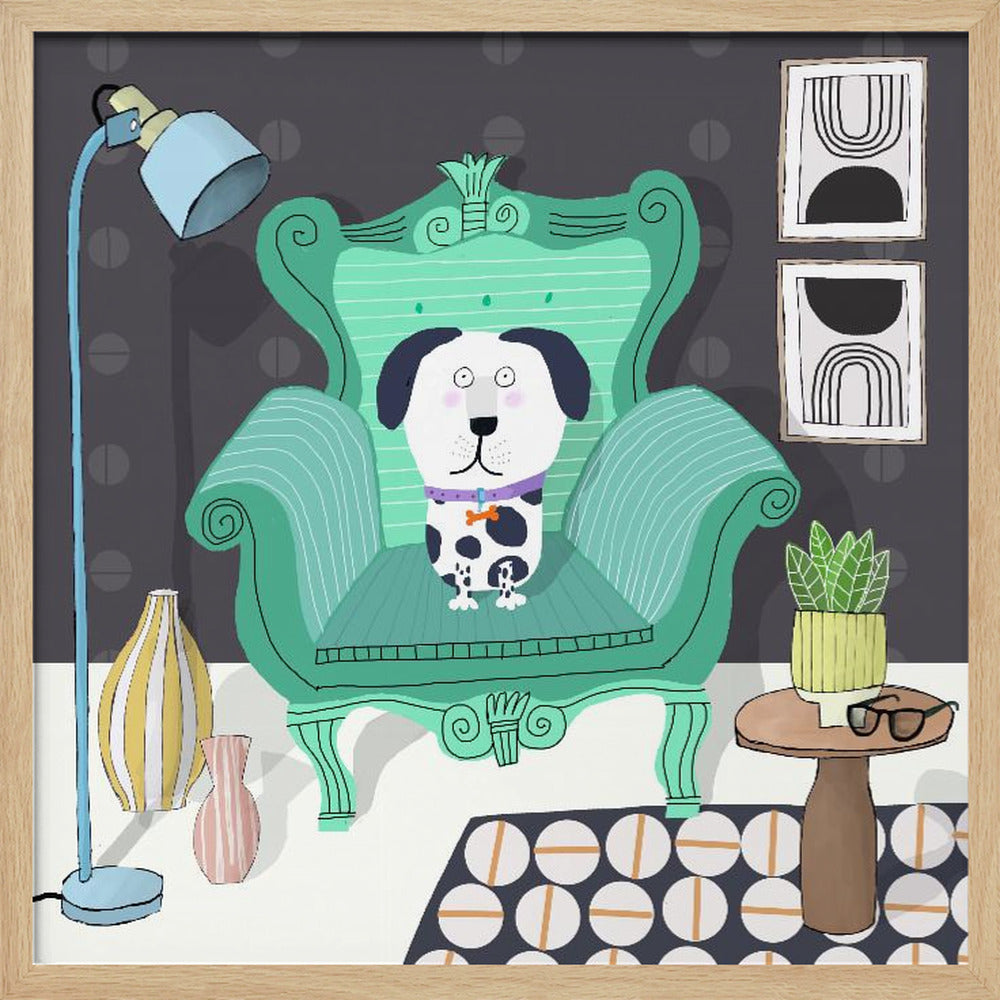 Perro divertido sentado en un interior moderno  ·  cuadro de decoración