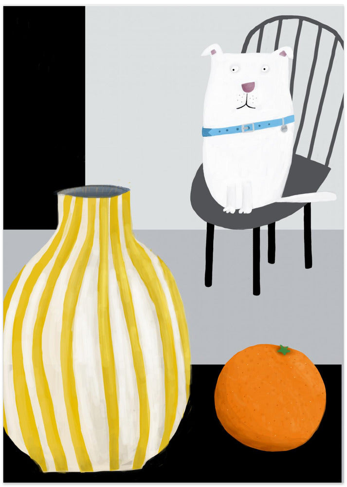 Divertido perro blanco con jarrón de rayas amarillas y blancas  ·  cuadro de decoración