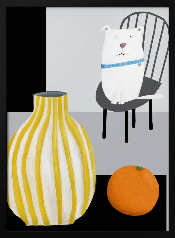 Divertido perro blanco con jarrón de rayas amarillas y blancas  ·  cuadro de decoración
