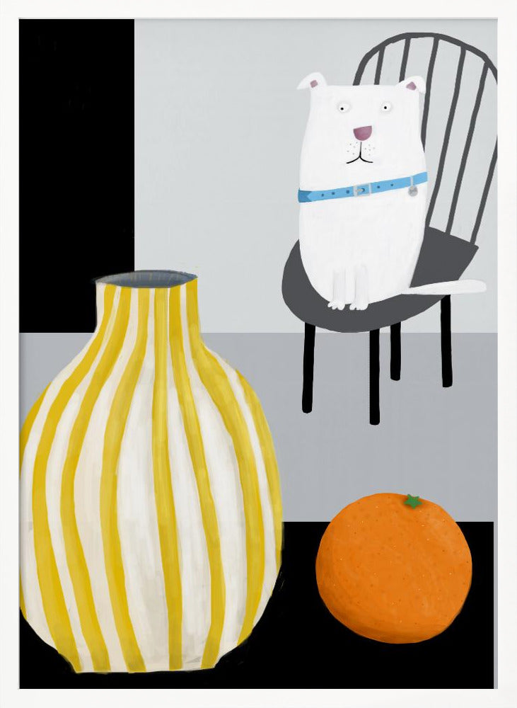 Divertido perro blanco con jarrón de rayas amarillas y blancas  ·  cuadro de decoración