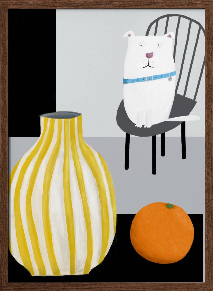 Divertido perro blanco con jarrón de rayas amarillas y blancas  ·  cuadro de decoración