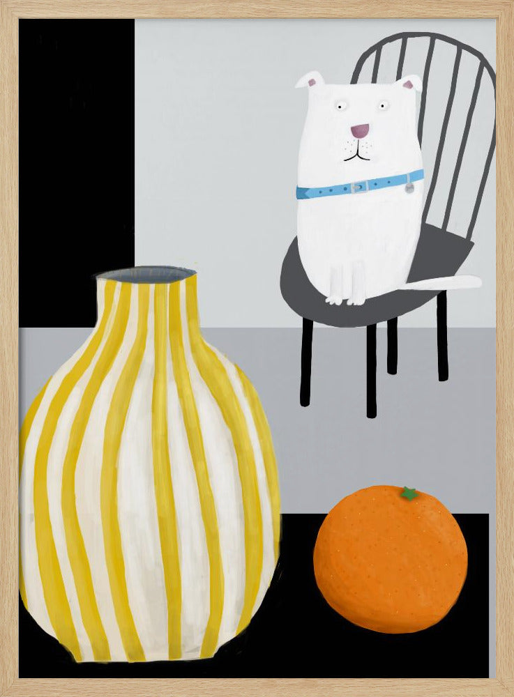 Divertido perro blanco con jarrón de rayas amarillas y blancas  ·  cuadro de decoración