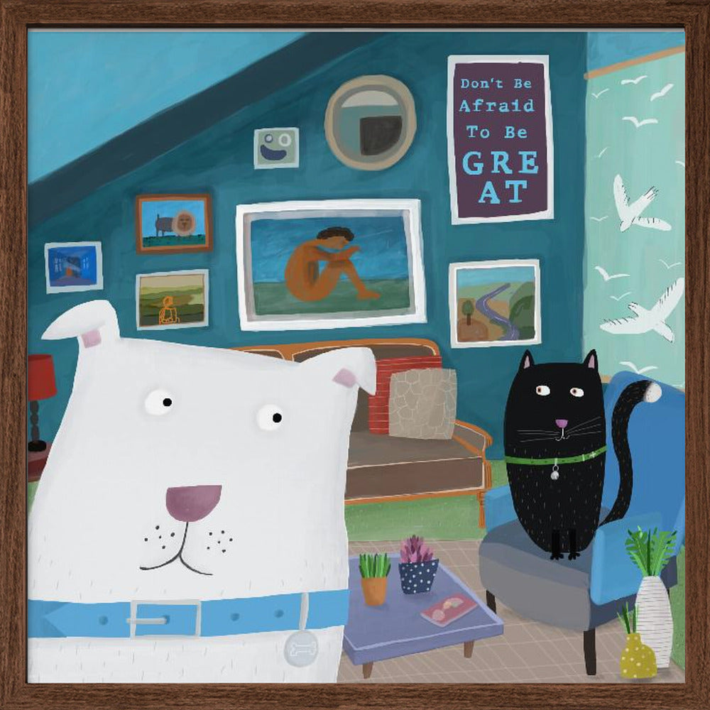 Lindo perro blanco con gato negro en un interior de diseño  ·  cuadro de decoración