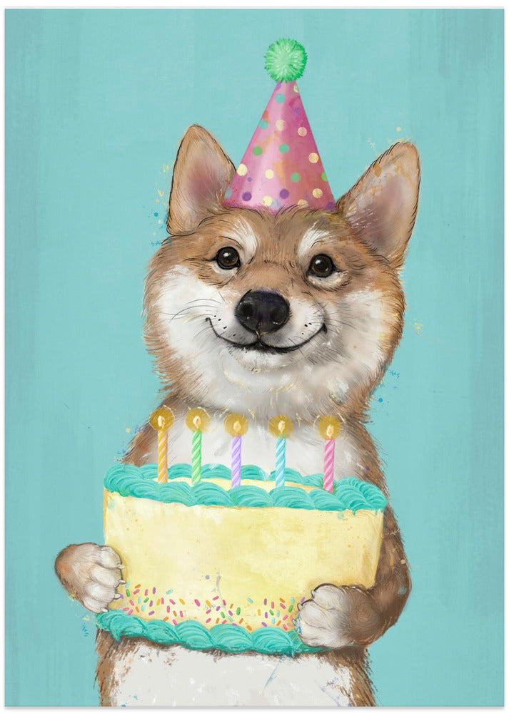 Perro Corgi con pastel de cumpleaños  ·  cuadro de decoración