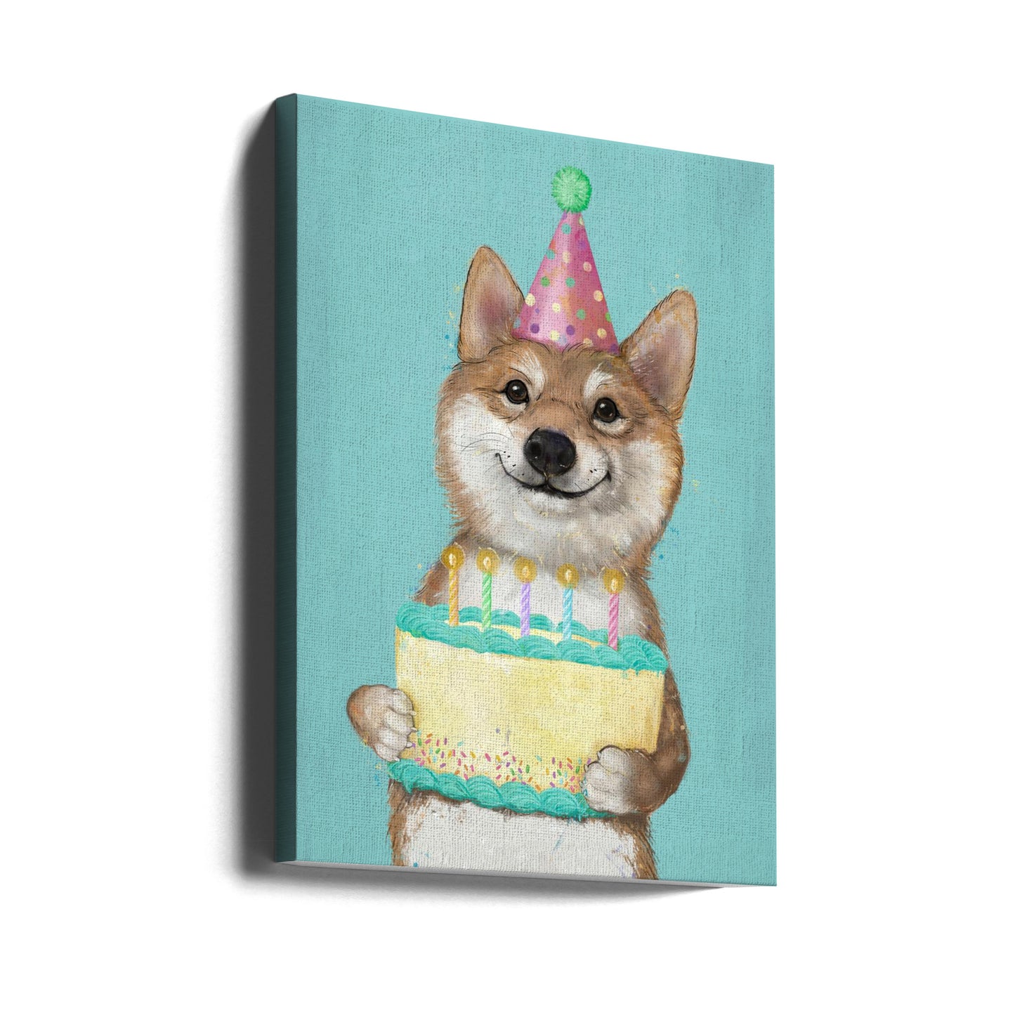 Perro Corgi con pastel de cumpleaños  ·  cuadro de decoración