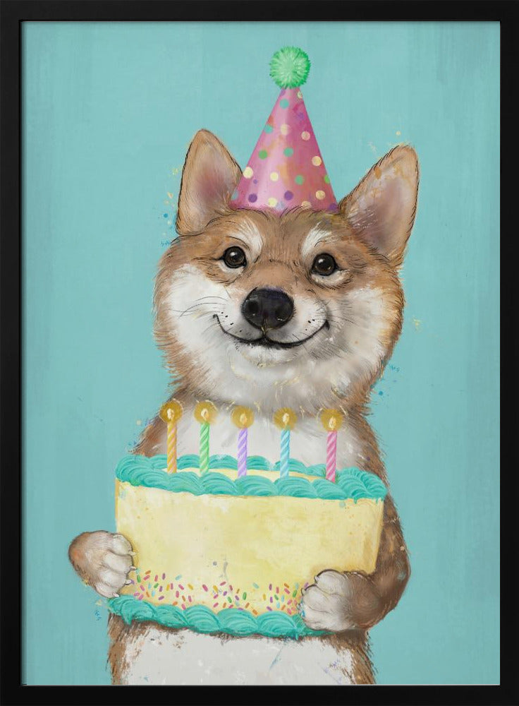 Perro Corgi con pastel de cumpleaños  ·  cuadro de decoración