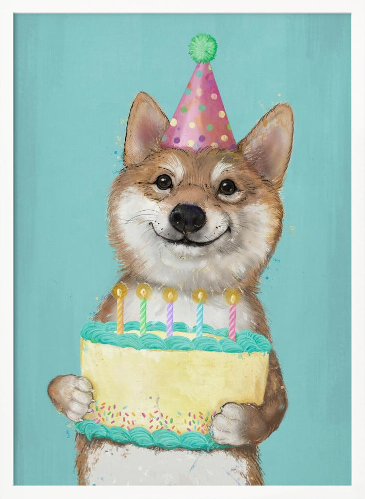 Perro Corgi con pastel de cumpleaños  ·  cuadro de decoración