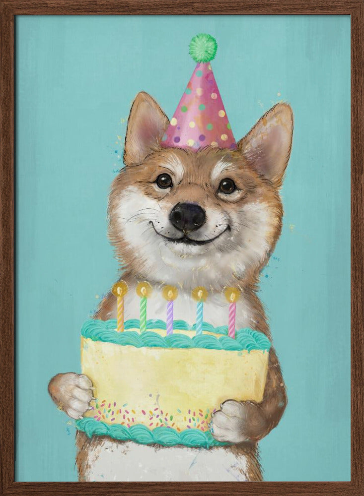 Perro Corgi con pastel de cumpleaños  ·  cuadro de decoración