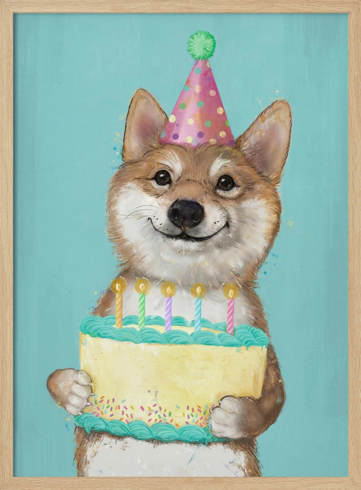 Perro Corgi con pastel de cumpleaños  ·  cuadro de decoración