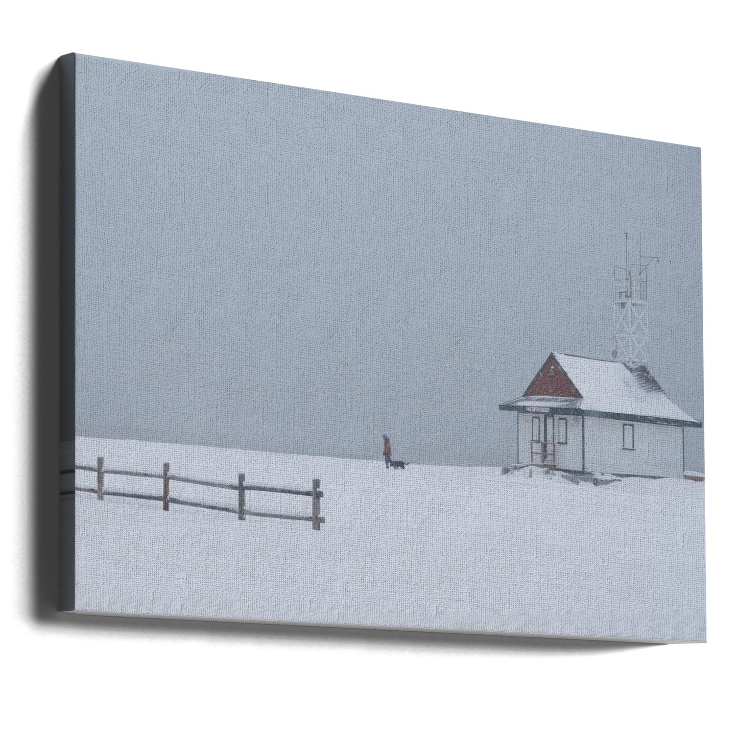 Paseando al perro por la playa con nieve  ·  cuadro de decoración