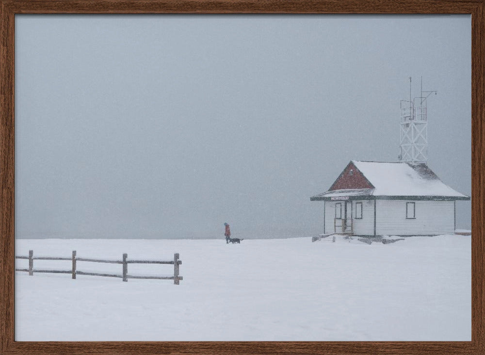 Paseando al perro por la playa con nieve  ·  cuadro de decoración