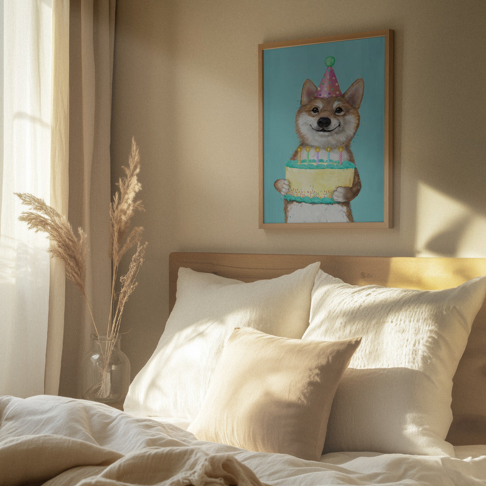 Perro Corgi con pastel de cumpleaños  ·  cuadro de decoración