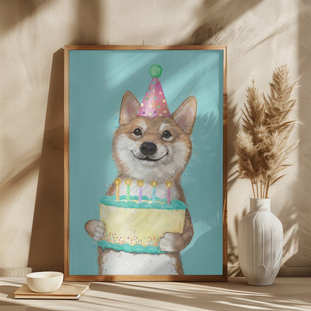 Perro Corgi con pastel de cumpleaños  ·  cuadro de decoración
