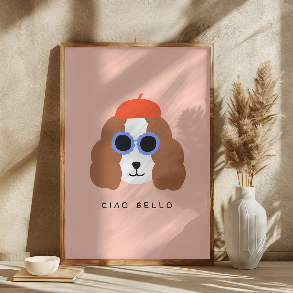 Ciao Bello perro con boina roja  ·  cuadro de decoración