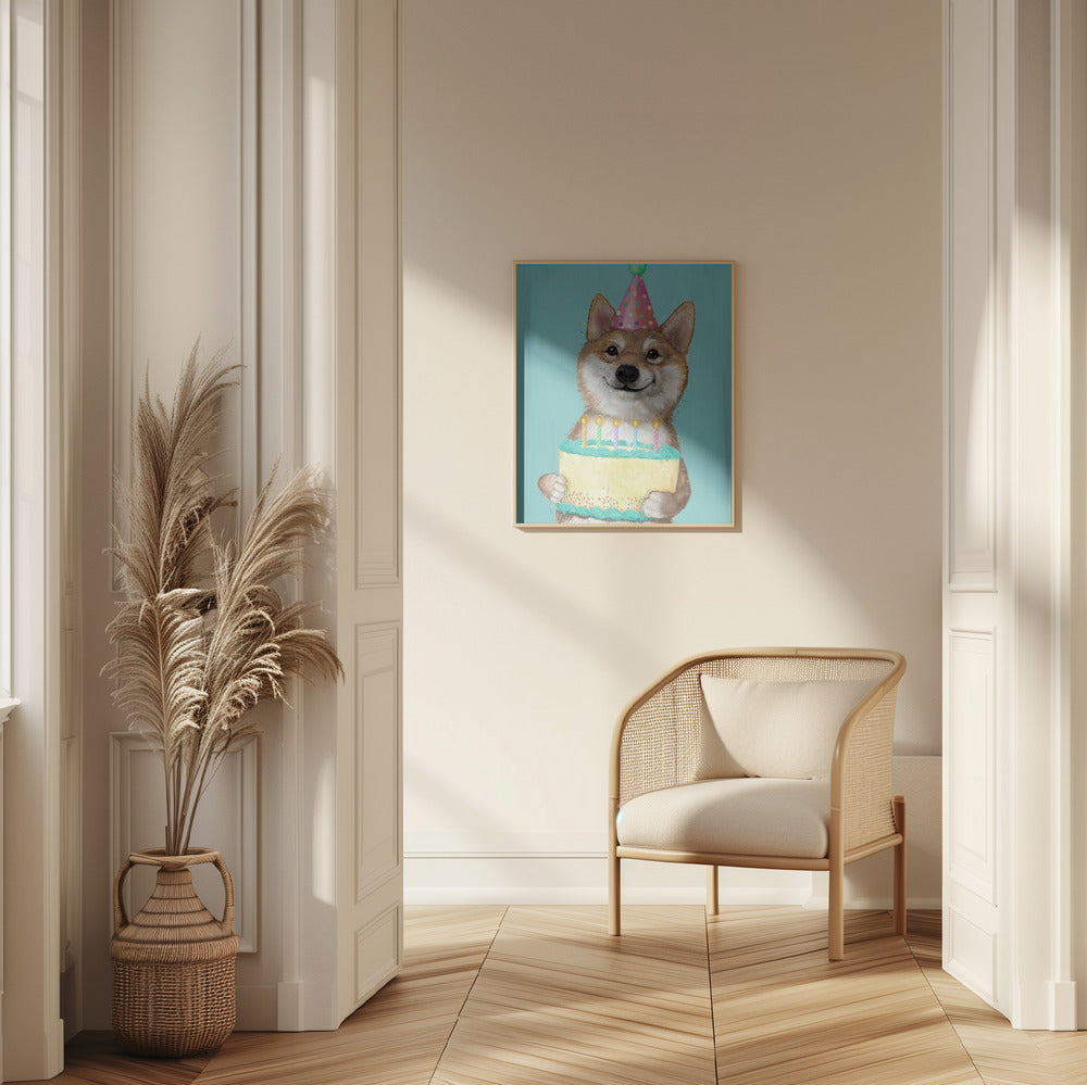Perro Corgi con pastel de cumpleaños  ·  cuadro de decoración