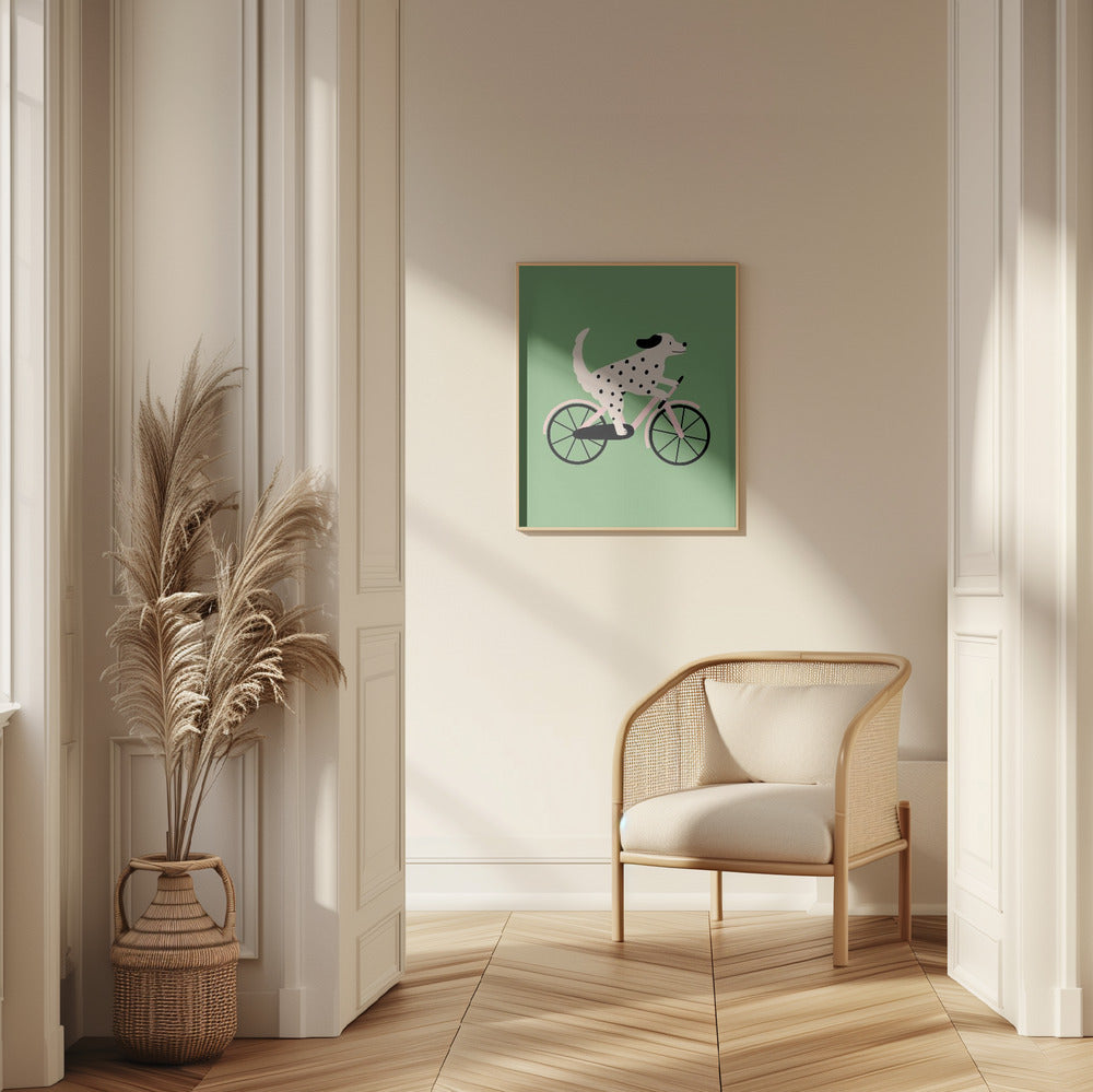 Perro moteado andando en bicicleta  ·  cuadro de decoración