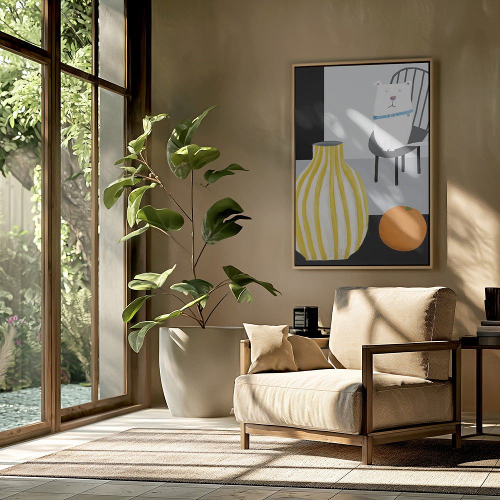Divertido perro blanco con jarrón de rayas amarillas y blancas  ·  cuadro de decoración