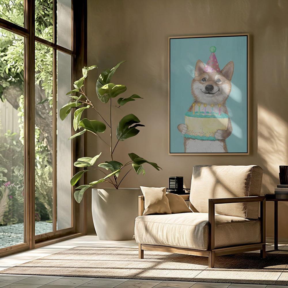 Perro Corgi con pastel de cumpleaños  ·  cuadro de decoración