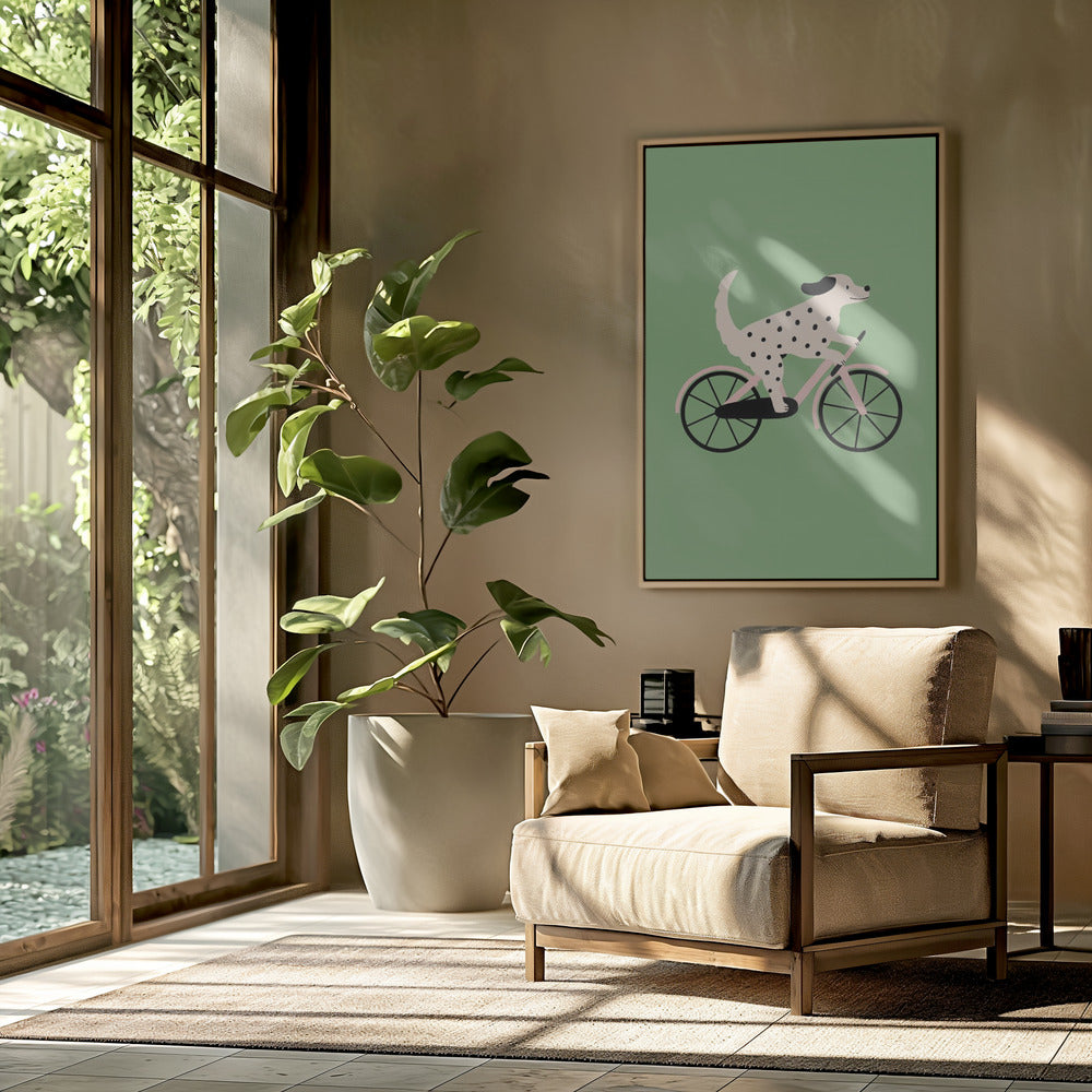 Perro moteado andando en bicicleta  ·  cuadro de decoración