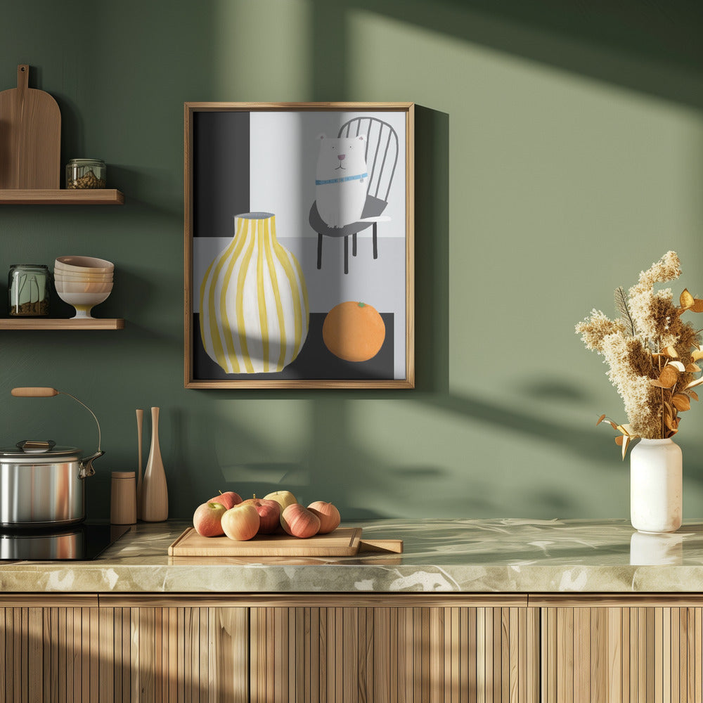 Divertido perro blanco con jarrón de rayas amarillas y blancas  ·  cuadro de decoración