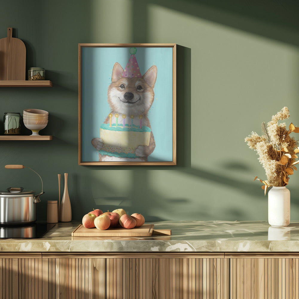 Perro Corgi con pastel de cumpleaños  ·  cuadro de decoración