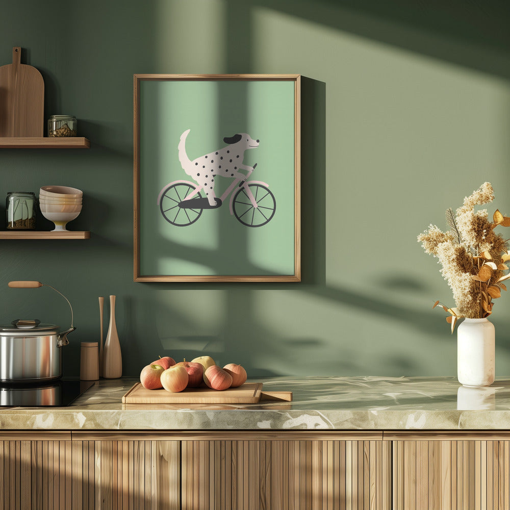 Perro moteado andando en bicicleta  ·  cuadro de decoración