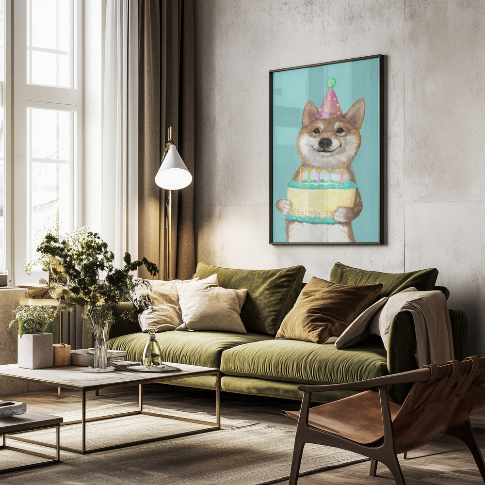 Perro Corgi con pastel de cumpleaños  ·  cuadro de decoración