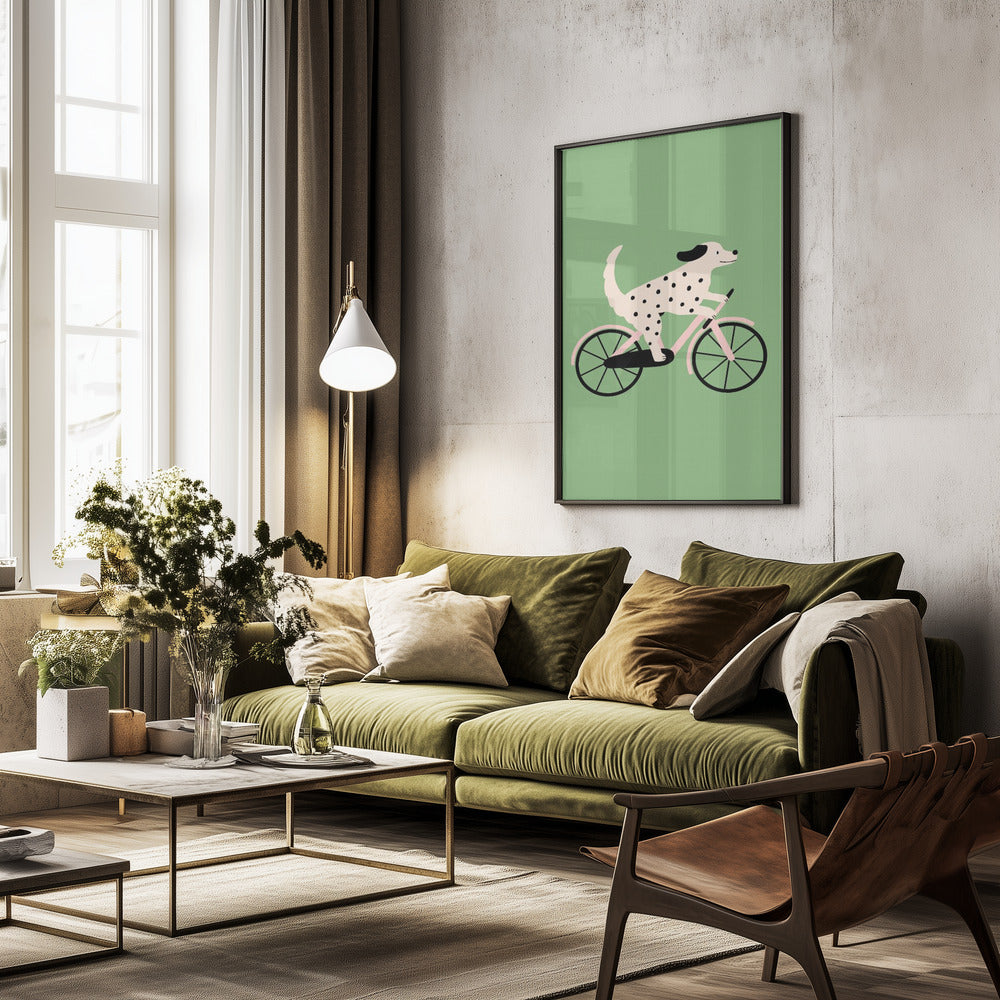 Perro moteado andando en bicicleta  ·  cuadro de decoración