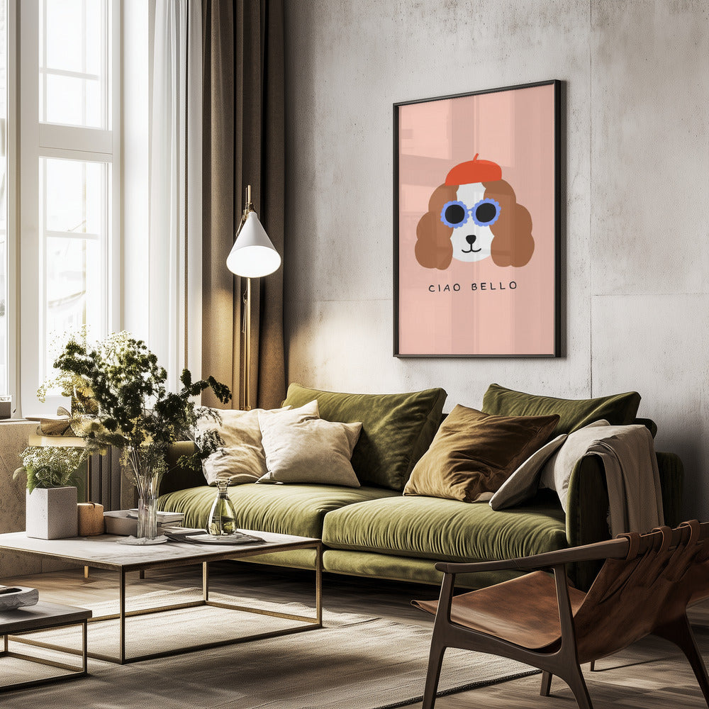 Ciao Bello perro con boina roja  ·  cuadro de decoración