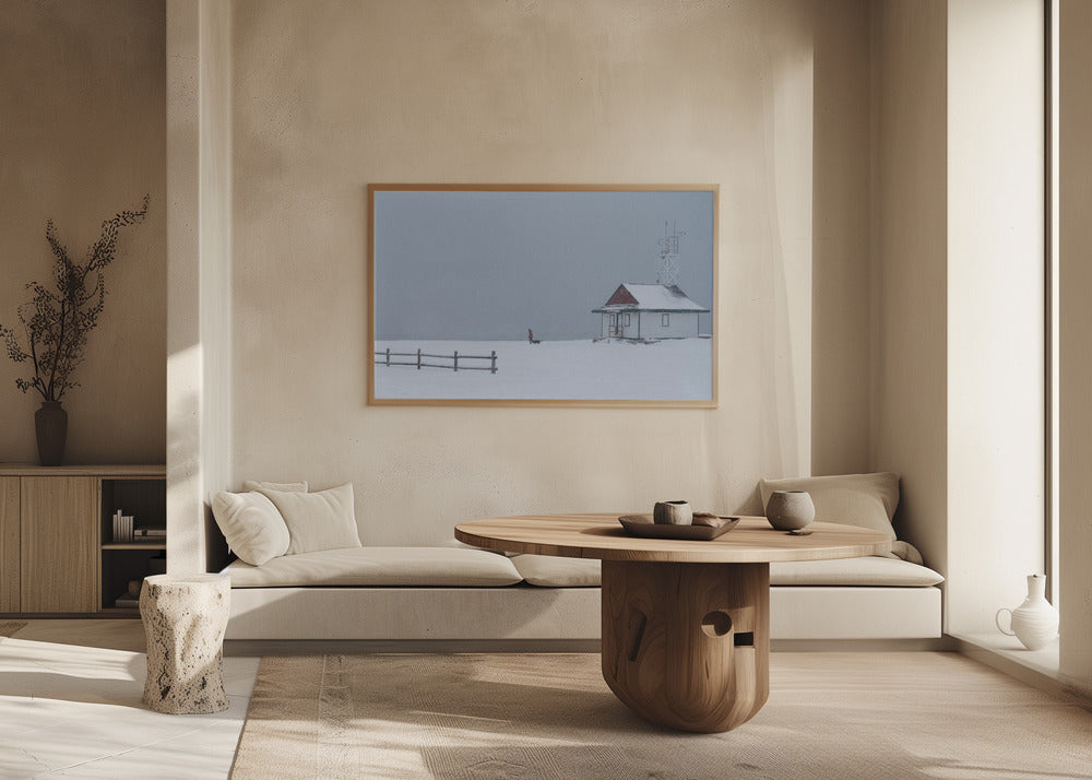 Paseando al perro por la playa con nieve  ·  cuadro de decoración