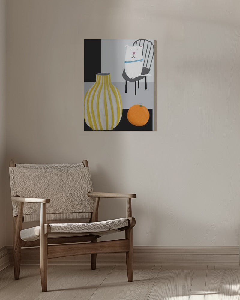 Divertido perro blanco con jarrón de rayas amarillas y blancas  ·  cuadro de decoración