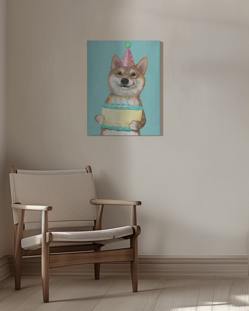 Perro Corgi con pastel de cumpleaños  ·  cuadro de decoración