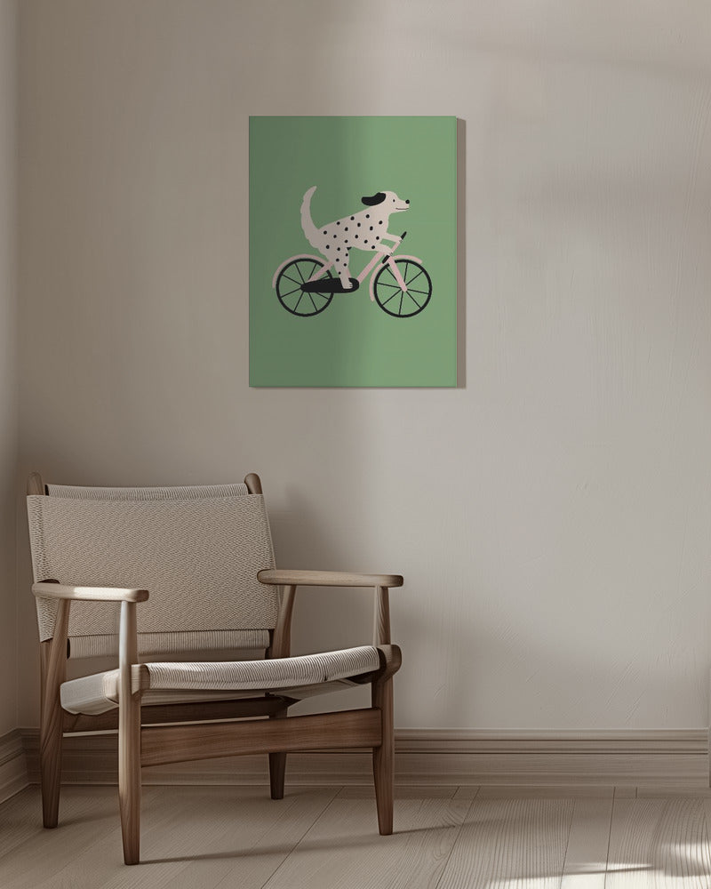 Perro moteado andando en bicicleta  ·  cuadro de decoración