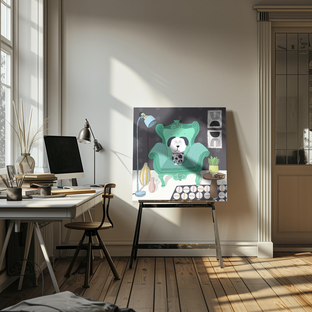 Perro divertido sentado en un interior moderno  ·  cuadro de decoración