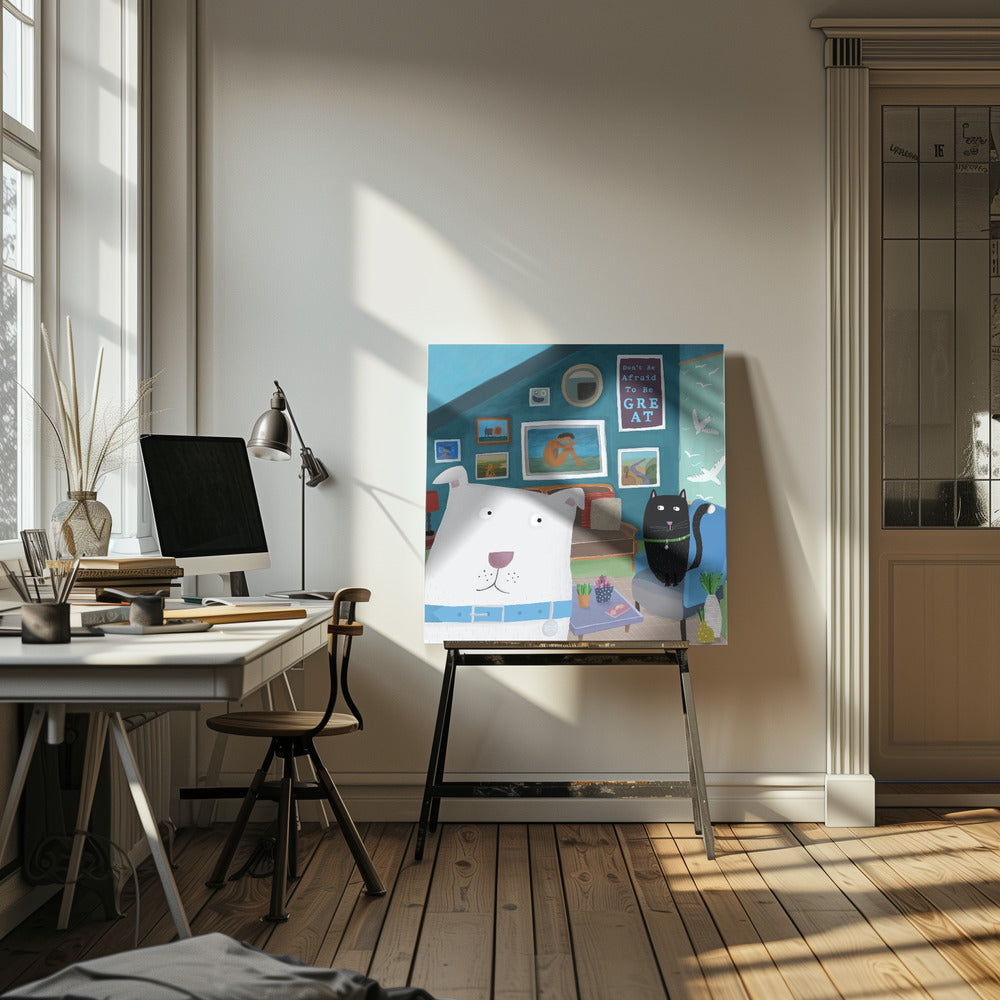 Lindo perro blanco con gato negro en un interior de diseño  ·  cuadro de decoración