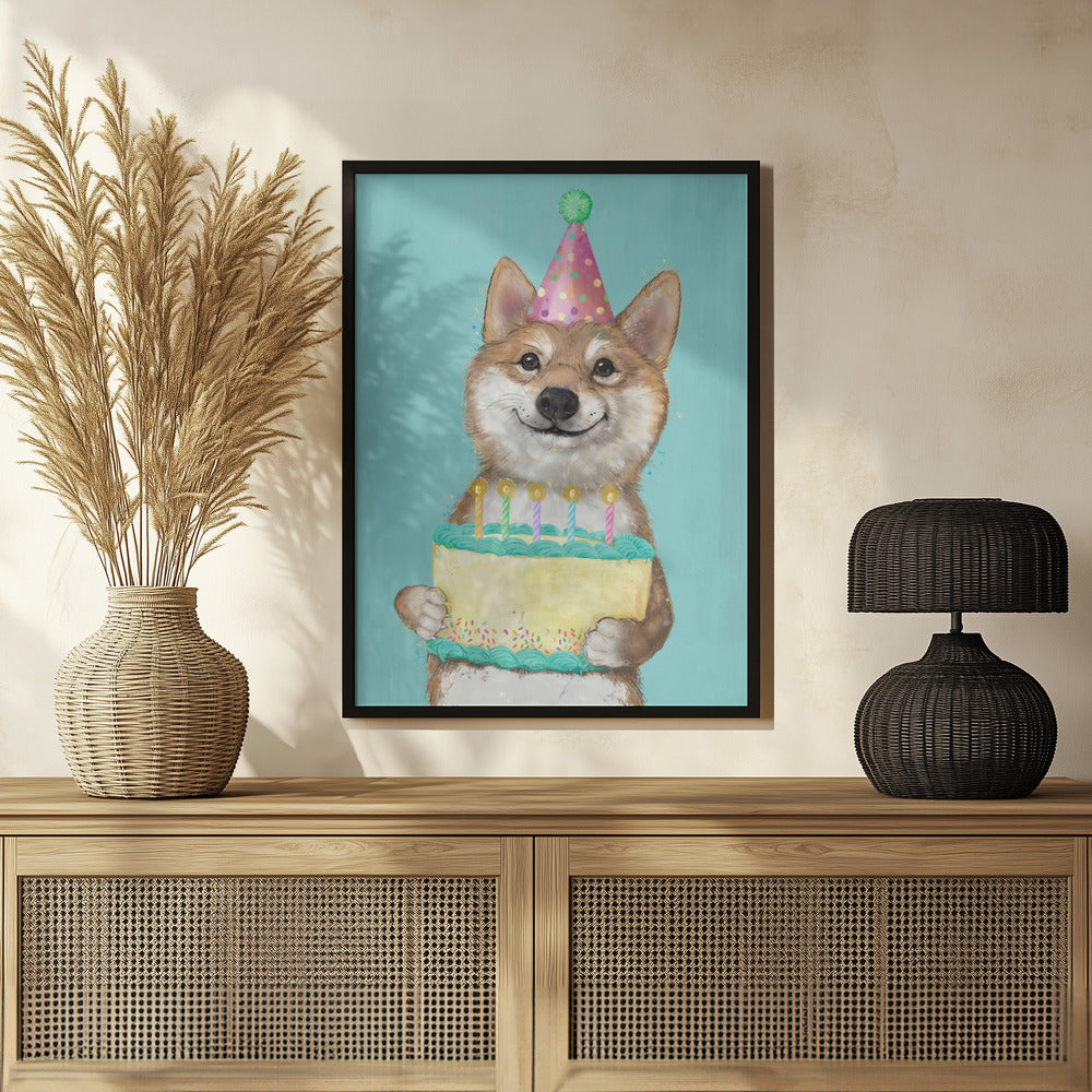 Perro Corgi con pastel de cumpleaños  ·  cuadro de decoración
