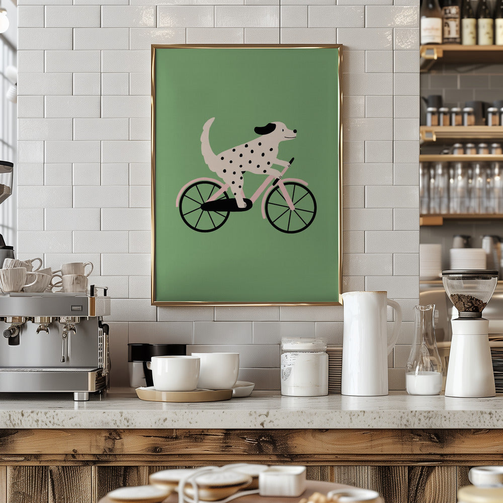 Perro moteado andando en bicicleta  ·  cuadro de decoración