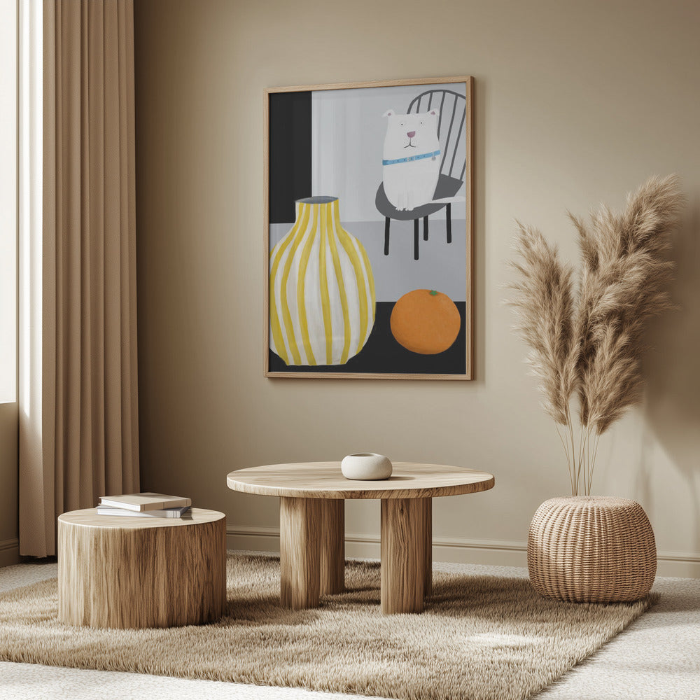 Divertido perro blanco con jarrón de rayas amarillas y blancas  ·  cuadro de decoración