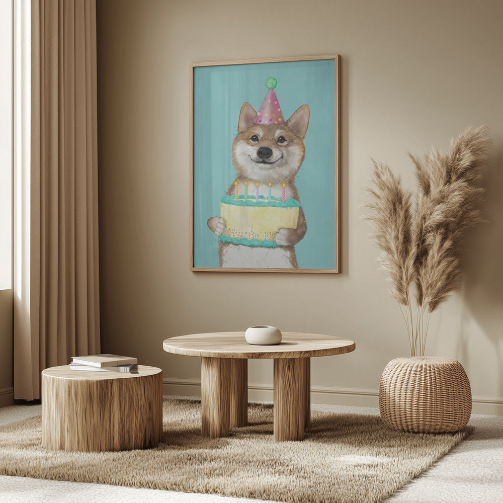 Perro Corgi con pastel de cumpleaños  ·  cuadro de decoración