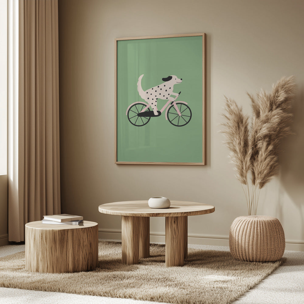 Perro moteado andando en bicicleta  ·  cuadro de decoración