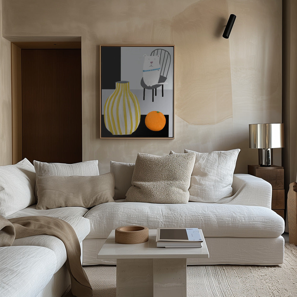 Divertido perro blanco con jarrón de rayas amarillas y blancas  ·  cuadro de decoración