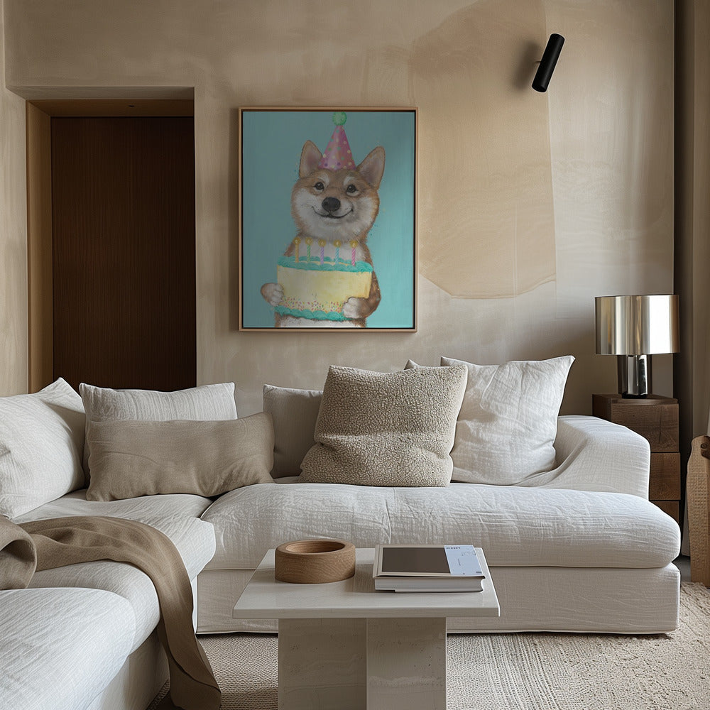 Perro Corgi con pastel de cumpleaños  ·  cuadro de decoración