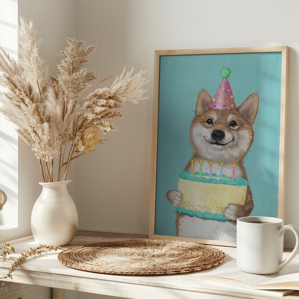 Perro Corgi con pastel de cumpleaños  ·  cuadro de decoración