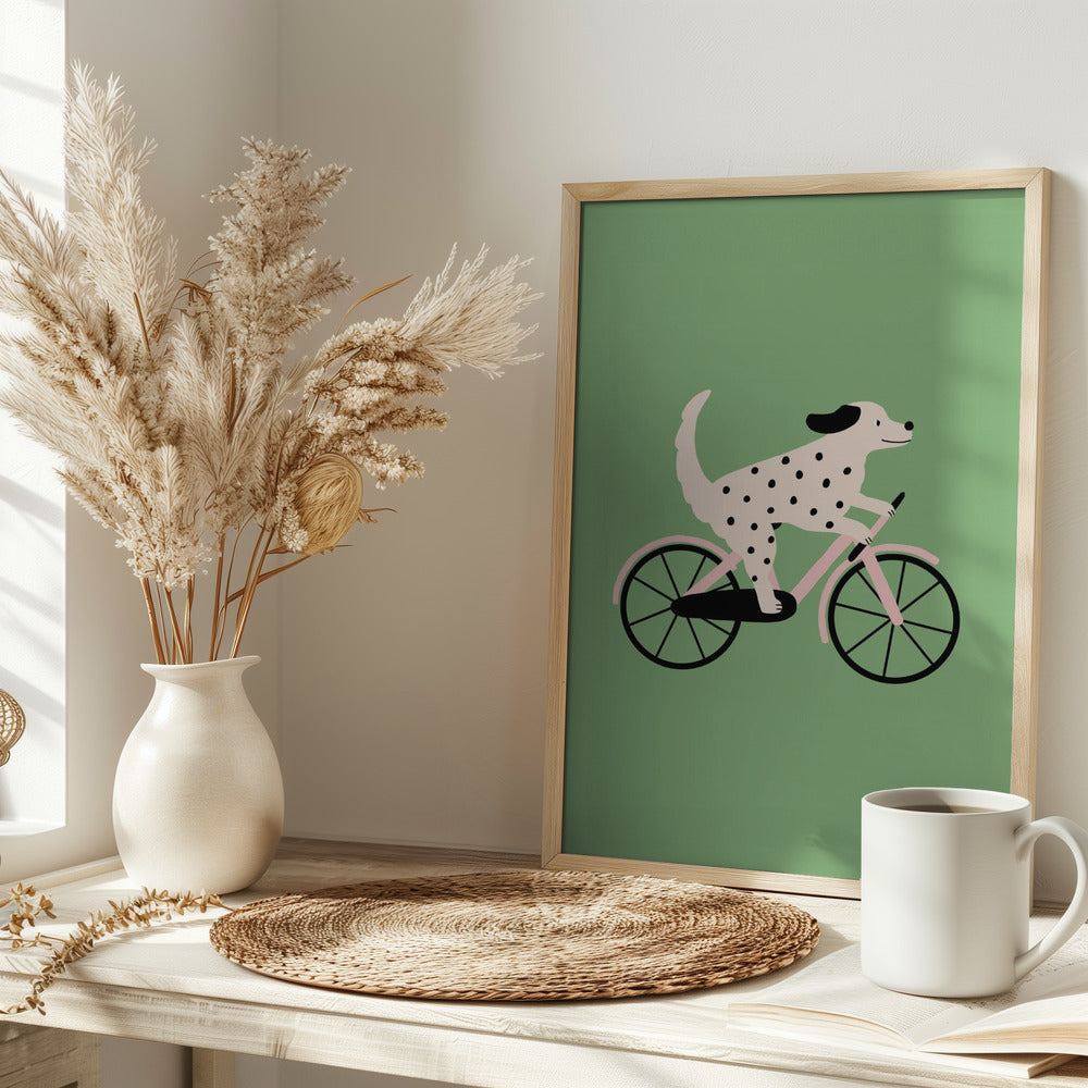 Perro moteado andando en bicicleta  ·  cuadro de decoración